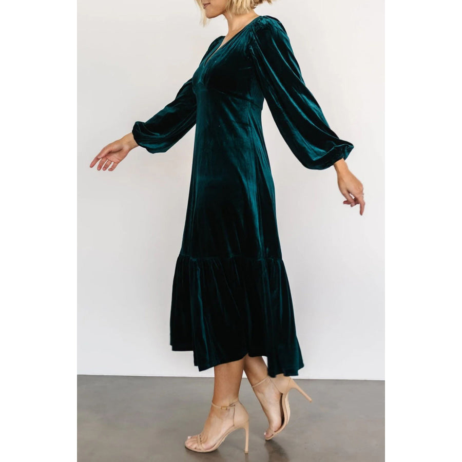V-Neck Long Sleeve Midi Velvet Dress Apparel and Accessories