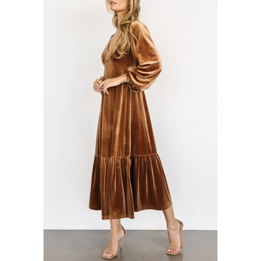 V-Neck Long Sleeve Midi Velvet Dress Apparel and Accessories