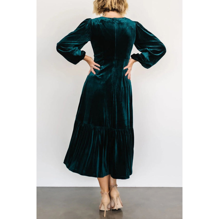 V-Neck Long Sleeve Midi Velvet Dress Apparel and Accessories