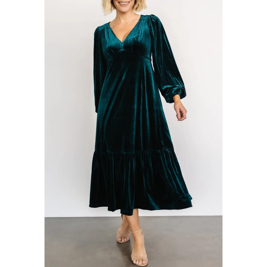V-Neck Long Sleeve Midi Velvet Dress Black Forest / S Apparel and Accessories
