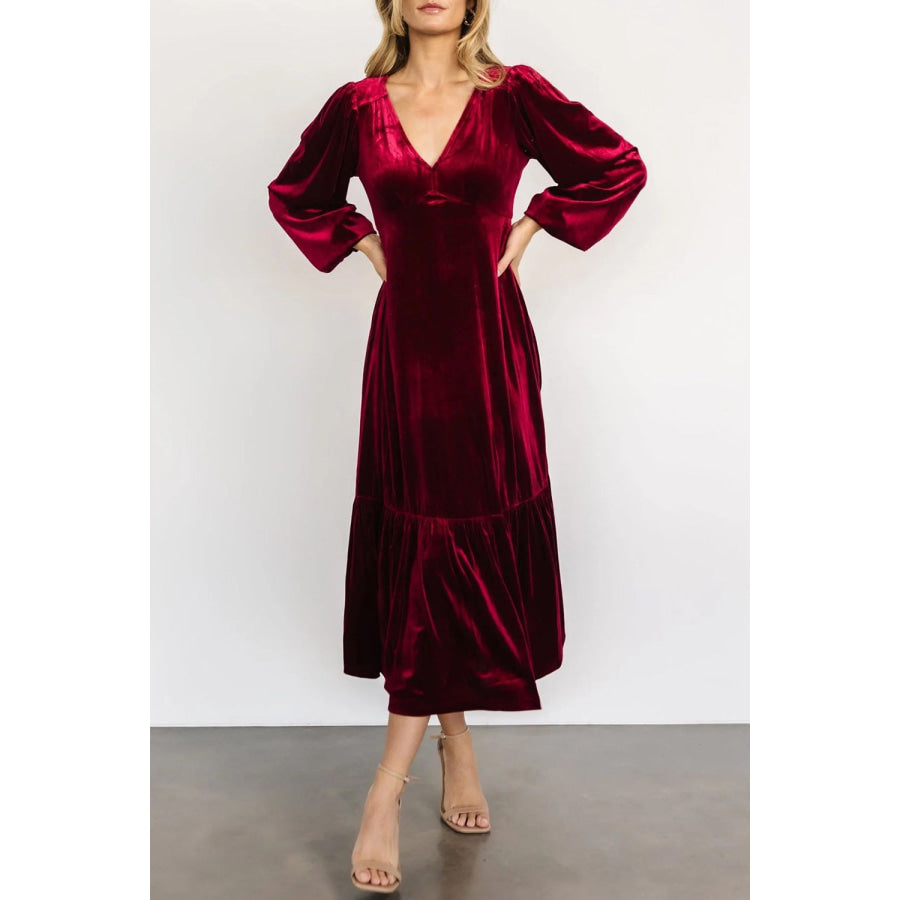 V-Neck Long Sleeve Midi Velvet Dress Burgundy / S Apparel and Accessories