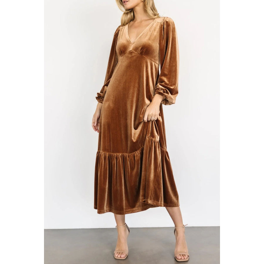 V-Neck Long Sleeve Midi Velvet Dress Camel / S Apparel and Accessories