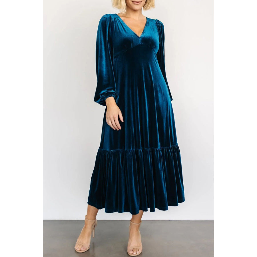 V-Neck Long Sleeve Midi Velvet Dress Peacock Blue / S Apparel and Accessories