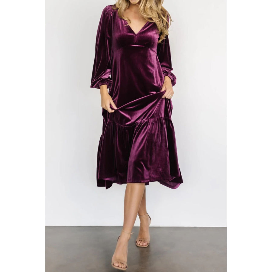 V-Neck Long Sleeve Midi Velvet Dress Violet / S Apparel and Accessories