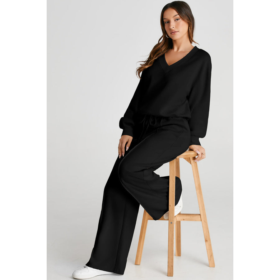 V-Neck Long Sleeve Top and Pants Active Set Apparel and Accessories