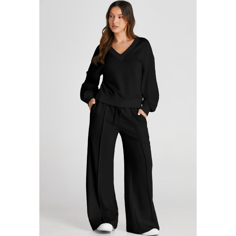 V-Neck Long Sleeve Top and Pants Active Set Apparel and Accessories