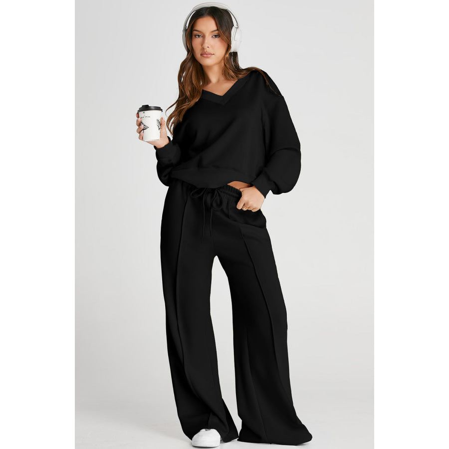 V-Neck Long Sleeve Top and Pants Active Set Apparel and Accessories