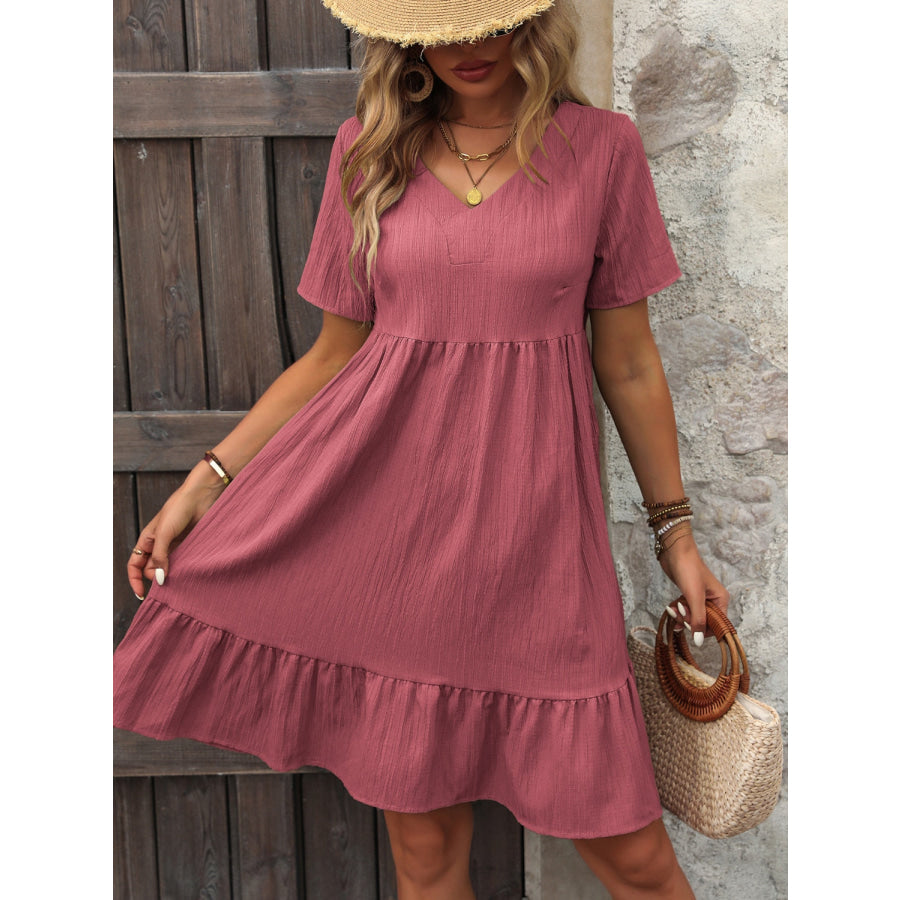V - Neck Short Sleeve Mini Dress Light Mauve / S Apparel and Accessories