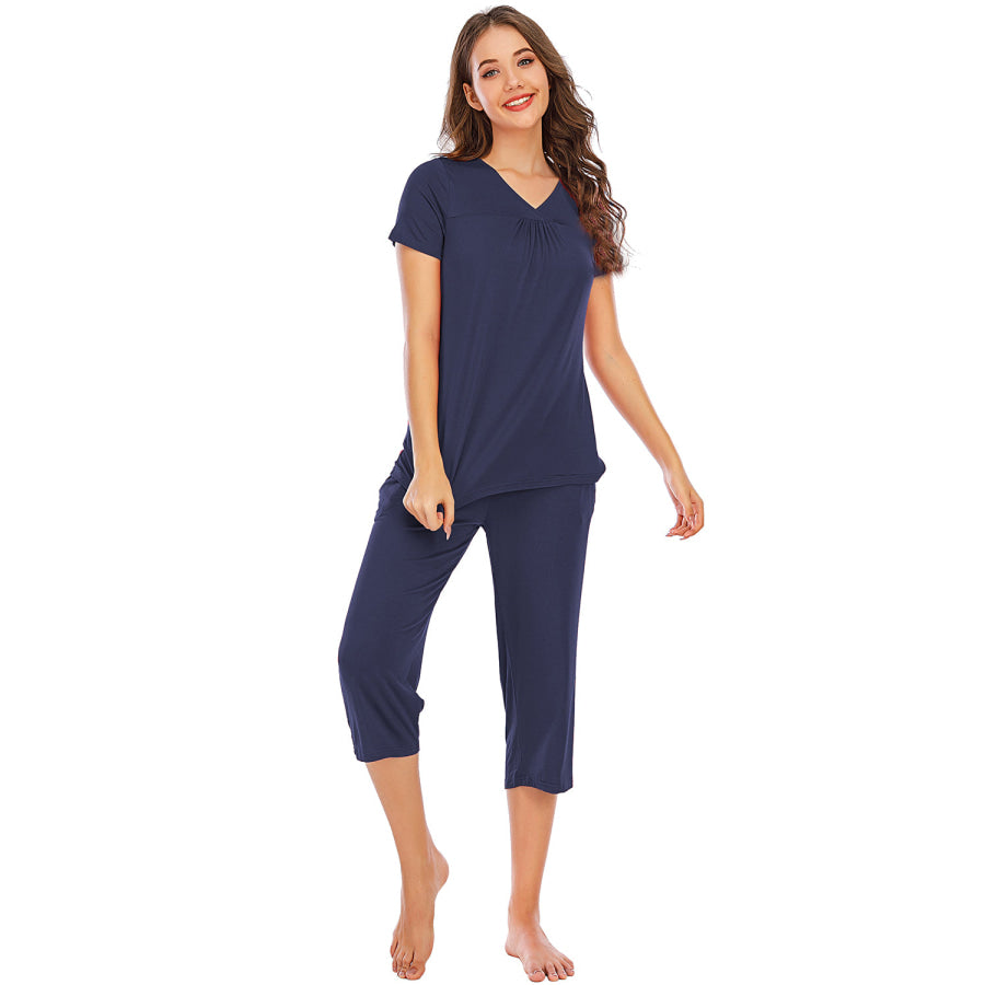 V - Neck Short Sleeve Top and Pants Lounge Set Apparel Accessories