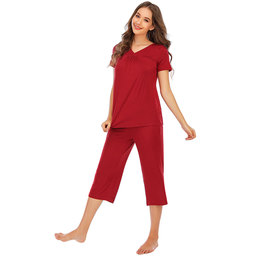 V - Neck Short Sleeve Top and Pants Lounge Set Apparel Accessories