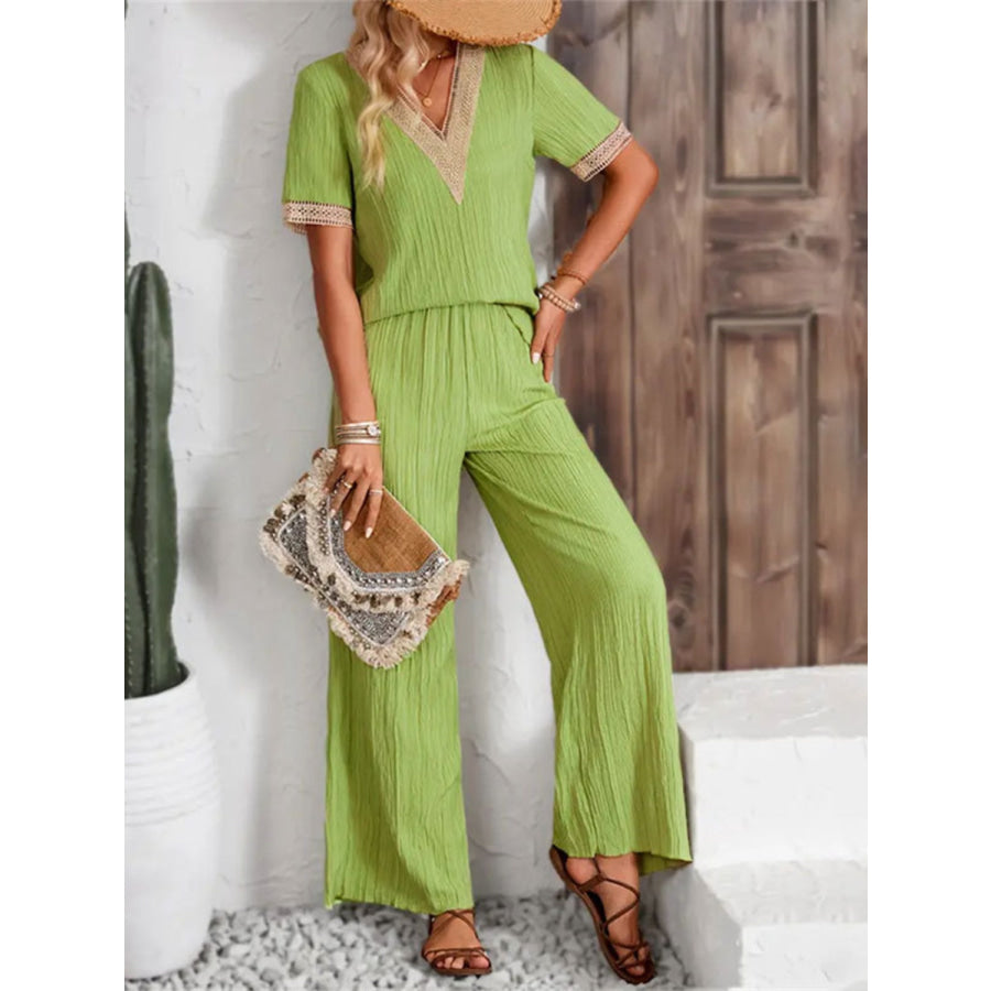V-Neck Short Sleeve Top and Pants Set Apparel and Accessories