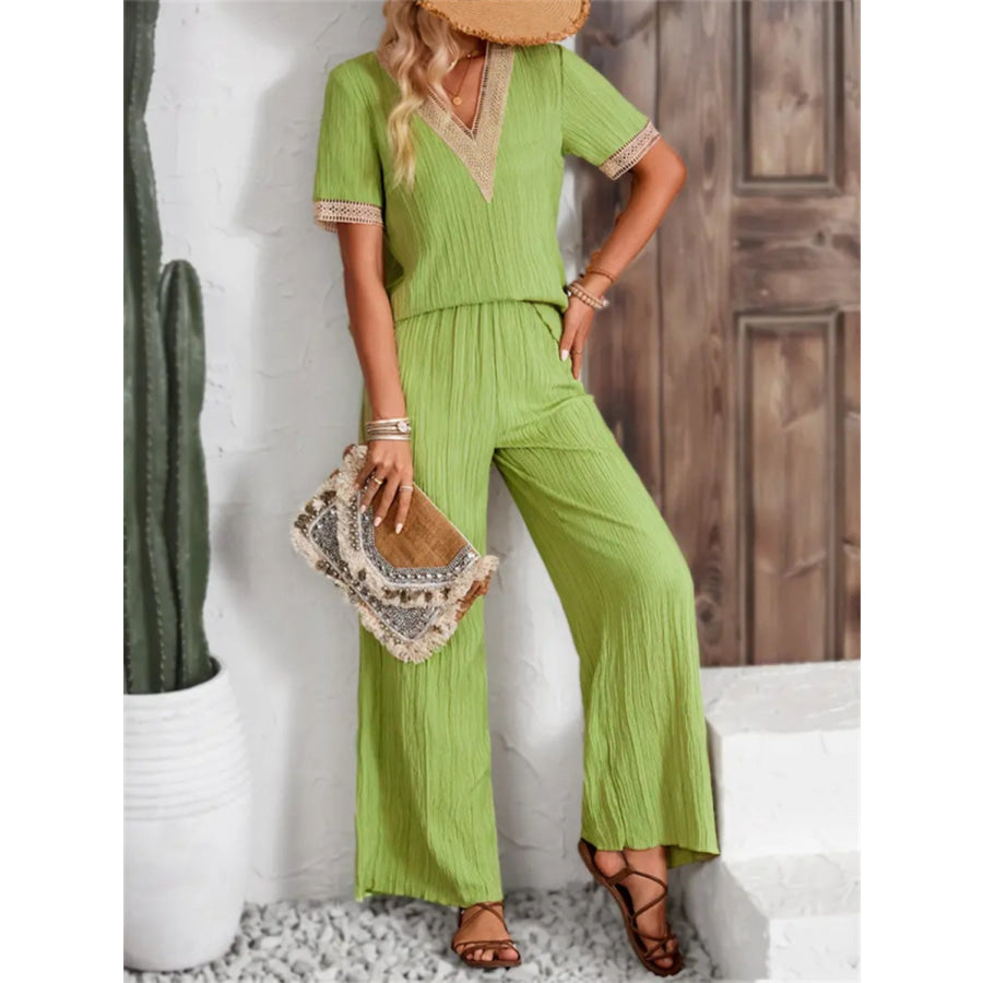 V-Neck Short Sleeve Top and Pants Set Apparel and Accessories