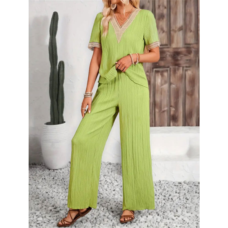 V-Neck Short Sleeve Top and Pants Set Apparel and Accessories