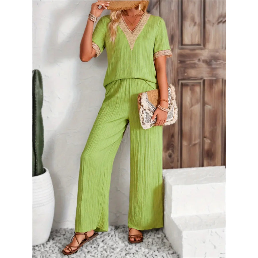 V-Neck Short Sleeve Top and Pants Set Apparel and Accessories