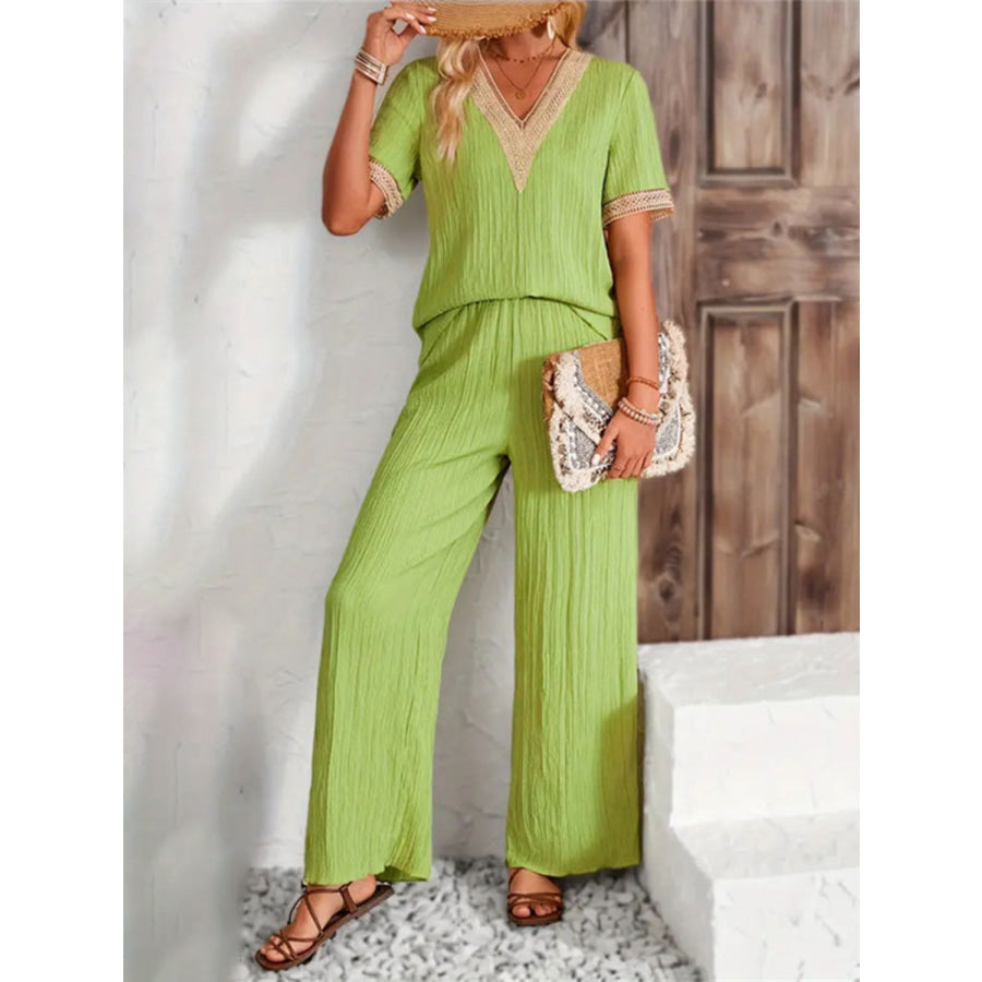 V-Neck Short Sleeve Top and Pants Set Apparel and Accessories