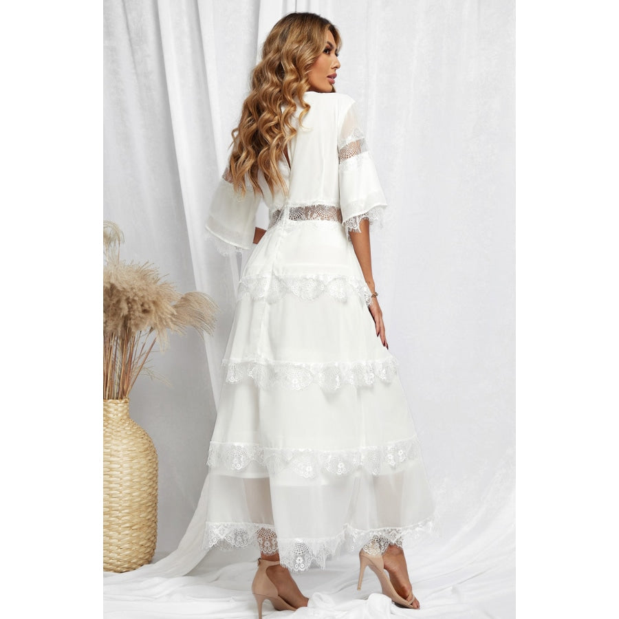 V-Neck Spliced Lace Maxi Dress White / S