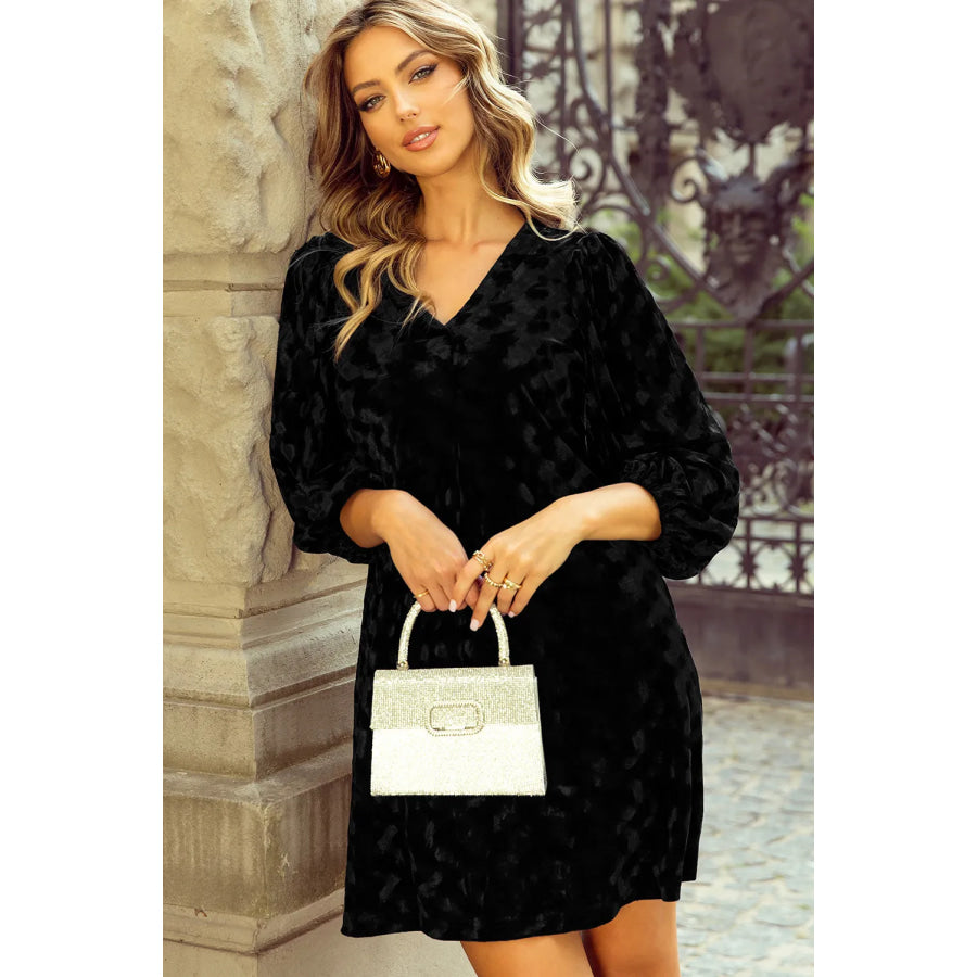 V-Neck Three-Quarter Sleeve Velvet Mini Dress Apparel and Accessories