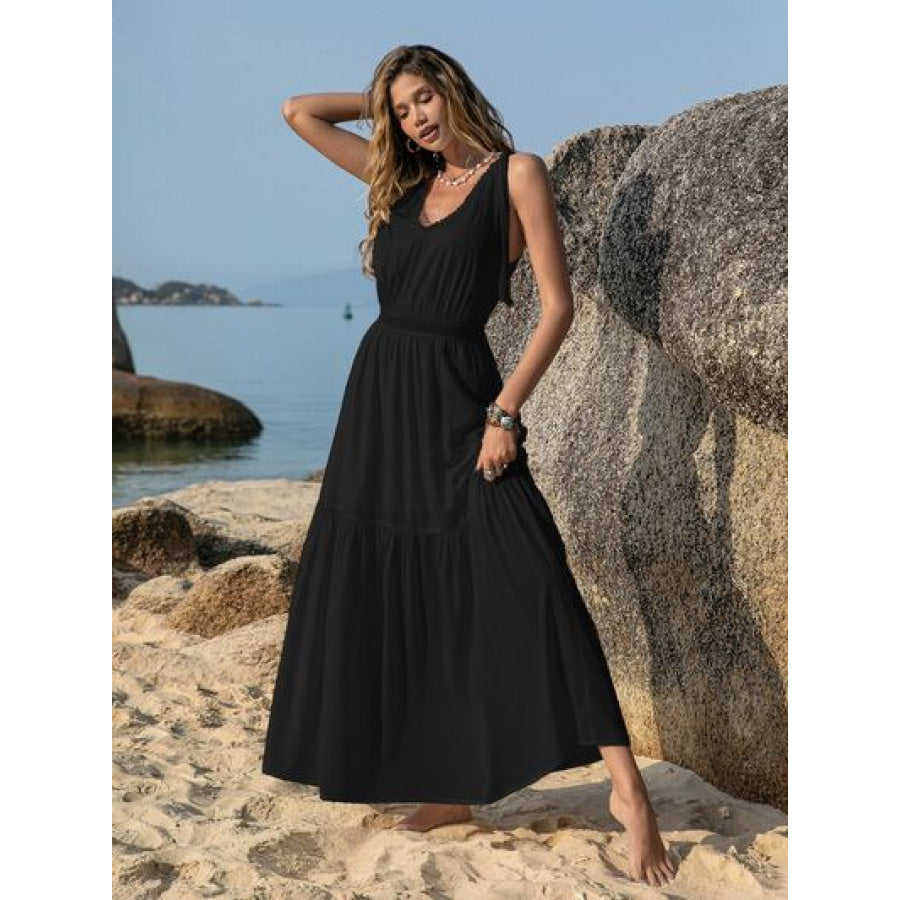 V-Neck Tie Shoulder Crochet Maxi Dress Black / S Clothing