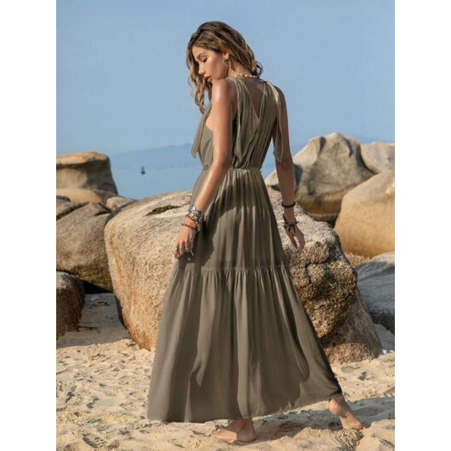 V-Neck Tie Shoulder Crochet Maxi Dress Clothing