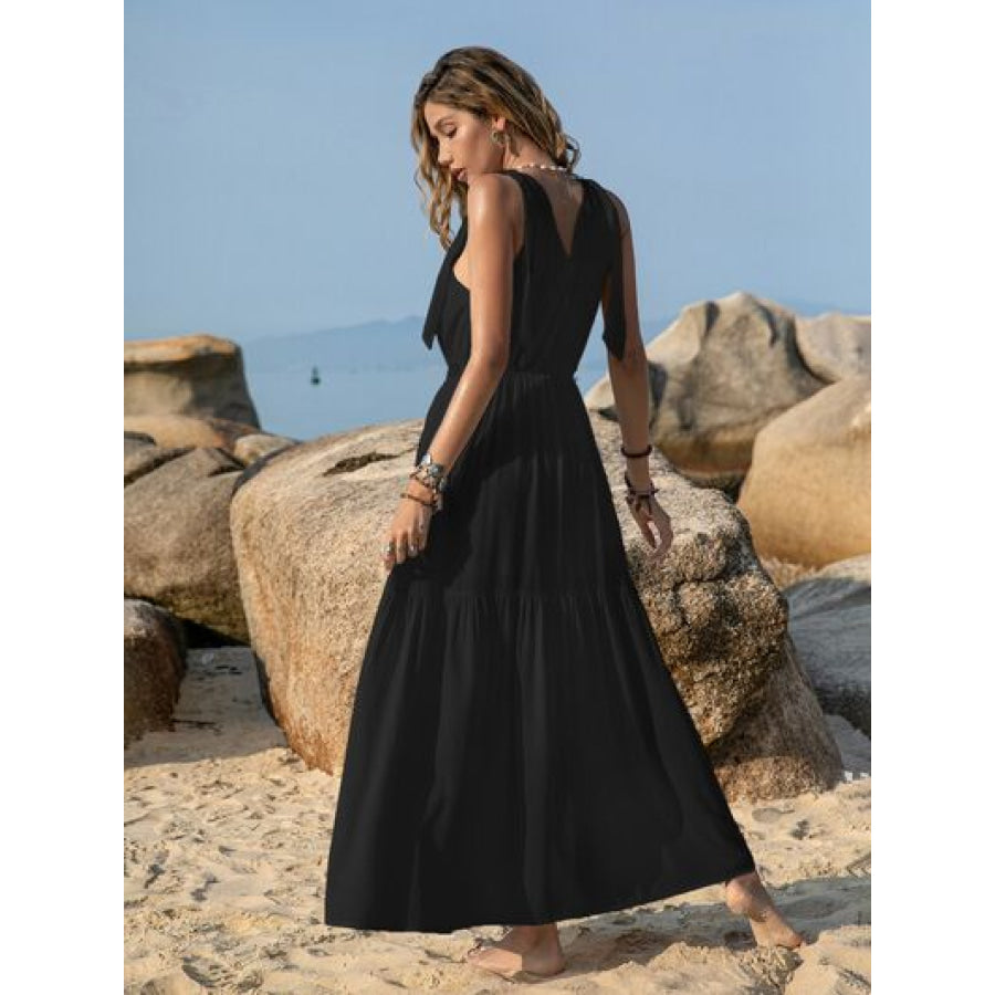 V-Neck Tie Shoulder Crochet Maxi Dress Clothing