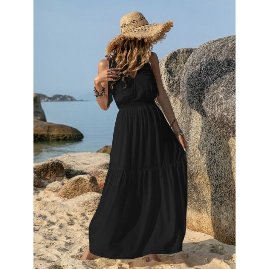 V-Neck Tie Shoulder Crochet Maxi Dress Clothing
