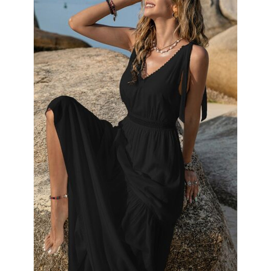 V-Neck Tie Shoulder Crochet Maxi Dress Clothing