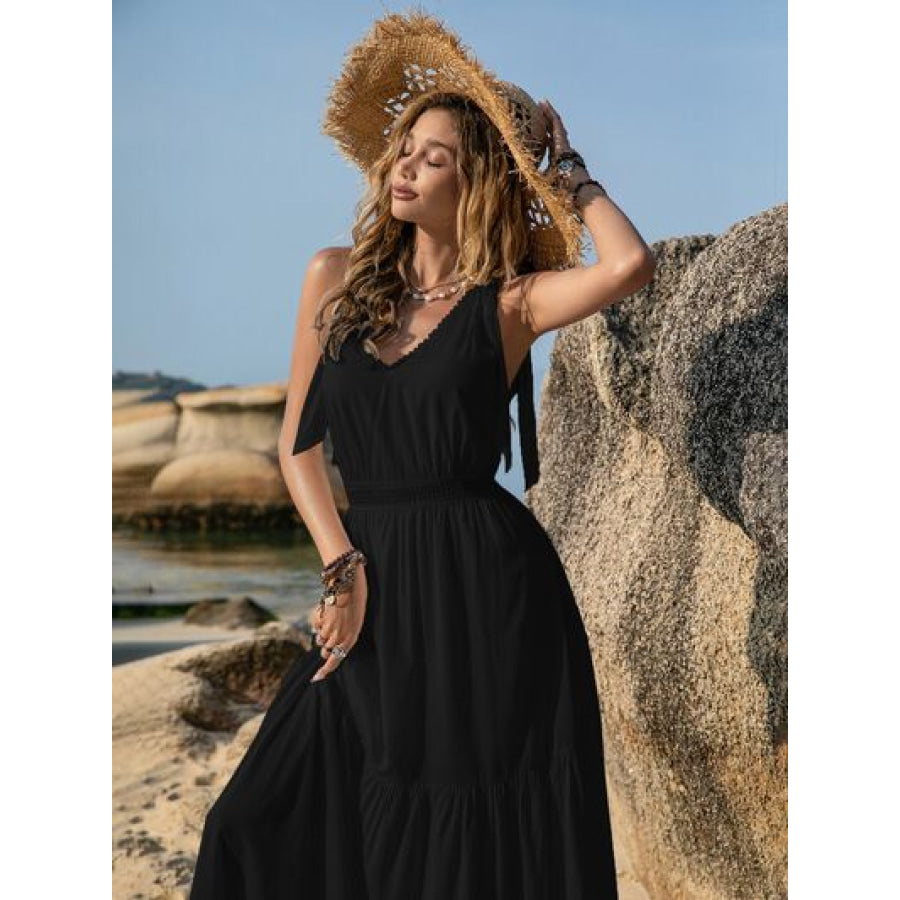 V-Neck Tie Shoulder Crochet Maxi Dress Clothing