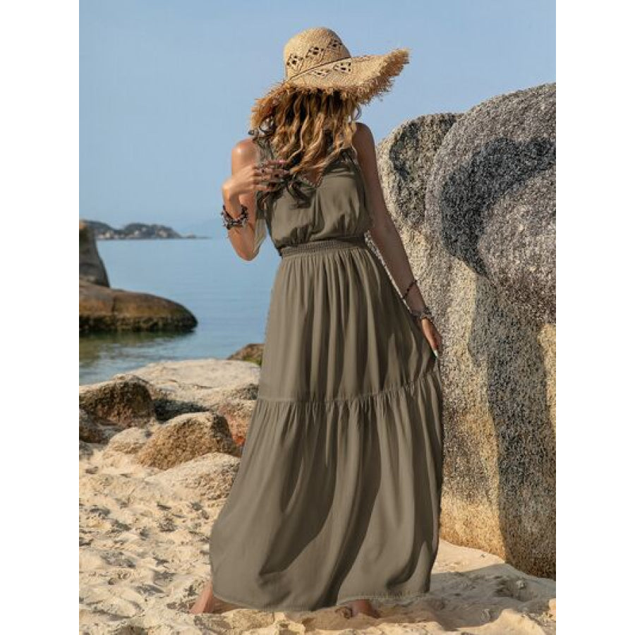 V-Neck Tie Shoulder Crochet Maxi Dress Clothing