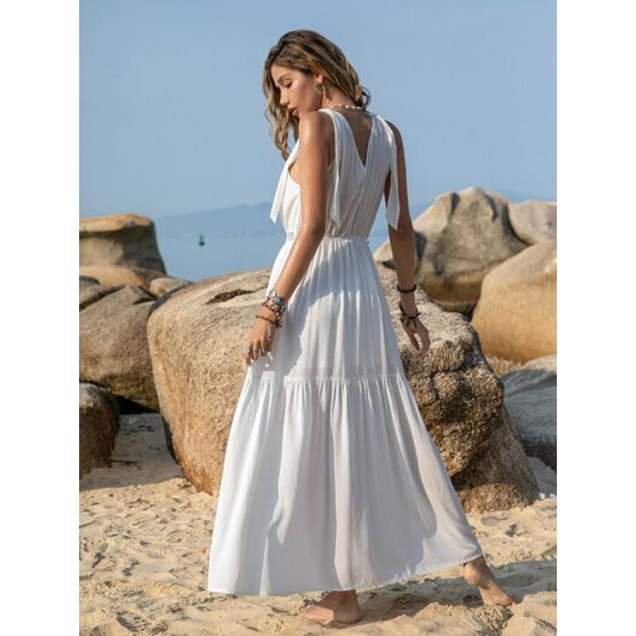 V-Neck Tie Shoulder Crochet Maxi Dress Clothing