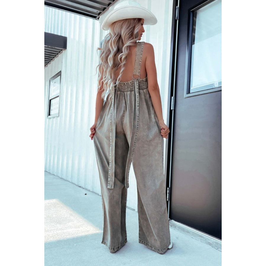 V-Neck Wide Leg Denim Jumpsuit Apparel and Accessories