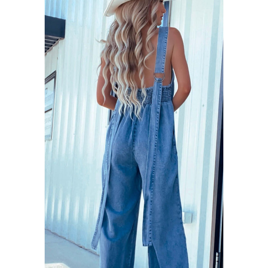 V-Neck Wide Leg Denim Jumpsuit Apparel and Accessories