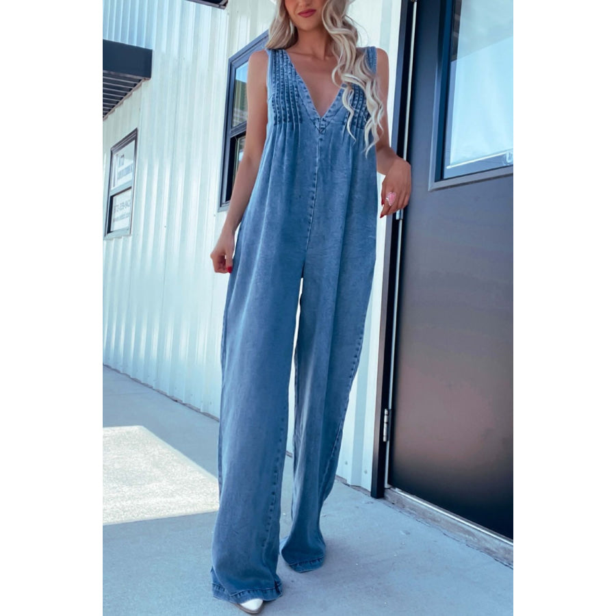 V-Neck Wide Leg Denim Jumpsuit Medium / S Apparel and Accessories