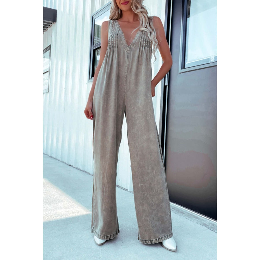 V-Neck Wide Leg Denim Jumpsuit Khaki / S Apparel and Accessories