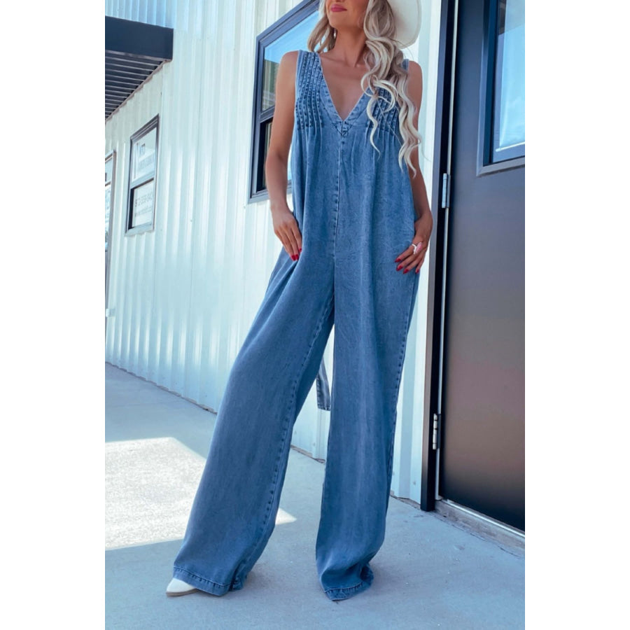 V-Neck Wide Leg Denim Jumpsuit Medium / S Apparel and Accessories