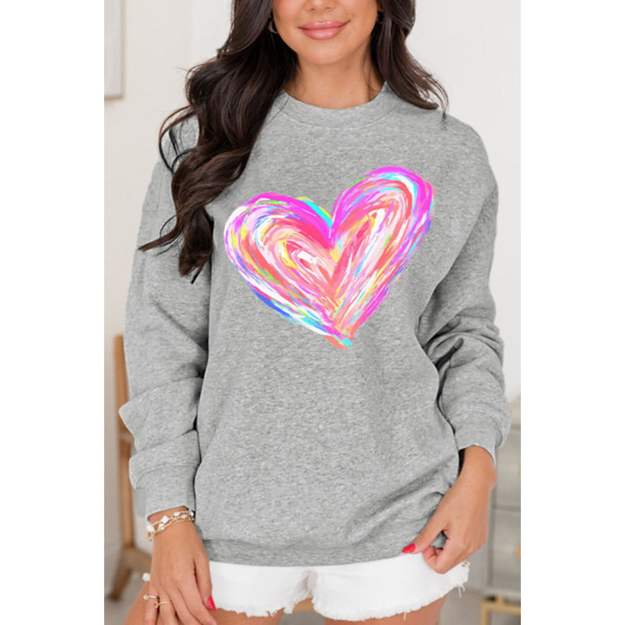 Valentine’s Day Heart Round Neck Drop Shoulder Sweatshirt Gray / S Apparel and Accessories