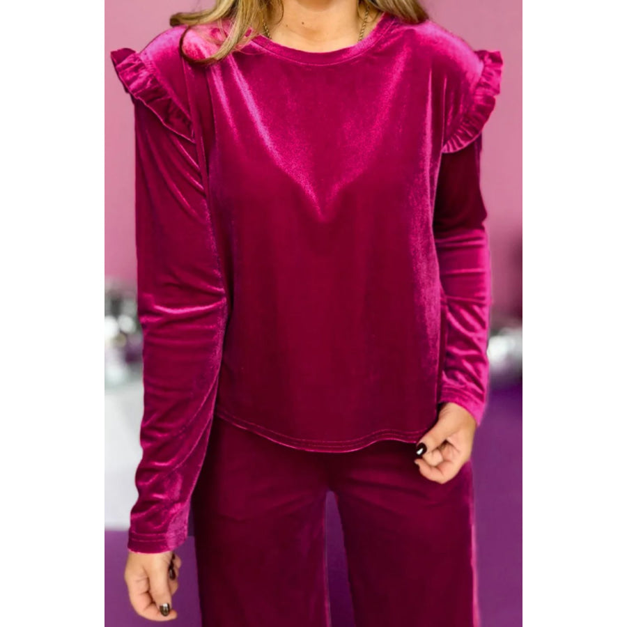 Velvet Round Neck Long Sleeve Top and Drawstring Pants Lounge Set Apparel and Accessories