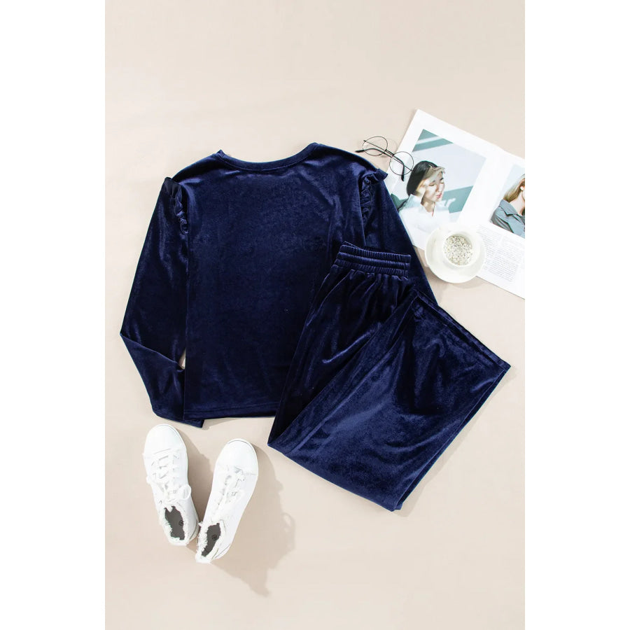 Velvet Round Neck Long Sleeve Top and Drawstring Pants Lounge Set Apparel and Accessories