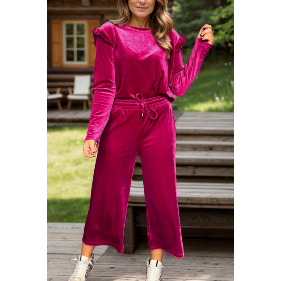 Velvet Round Neck Long Sleeve Top and Drawstring Pants Lounge Set Cerise / S Apparel and Accessories