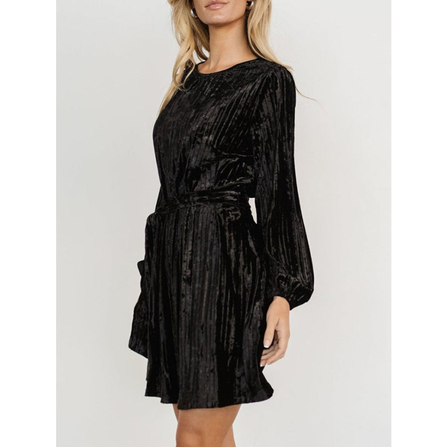 Velvet Round Neck Tie Waist Long Sleeve Mini Dress Apparel and Accessories