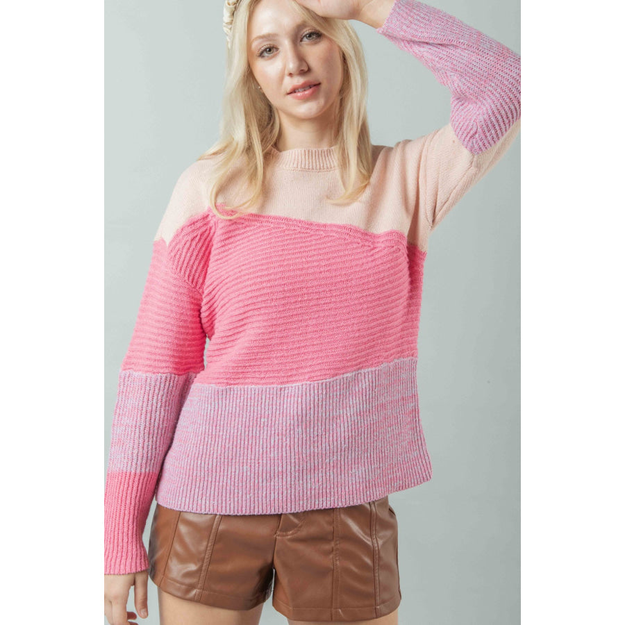 VERY J Color Block Long Sleeve Sweater PINK / S Apparel and Accessories