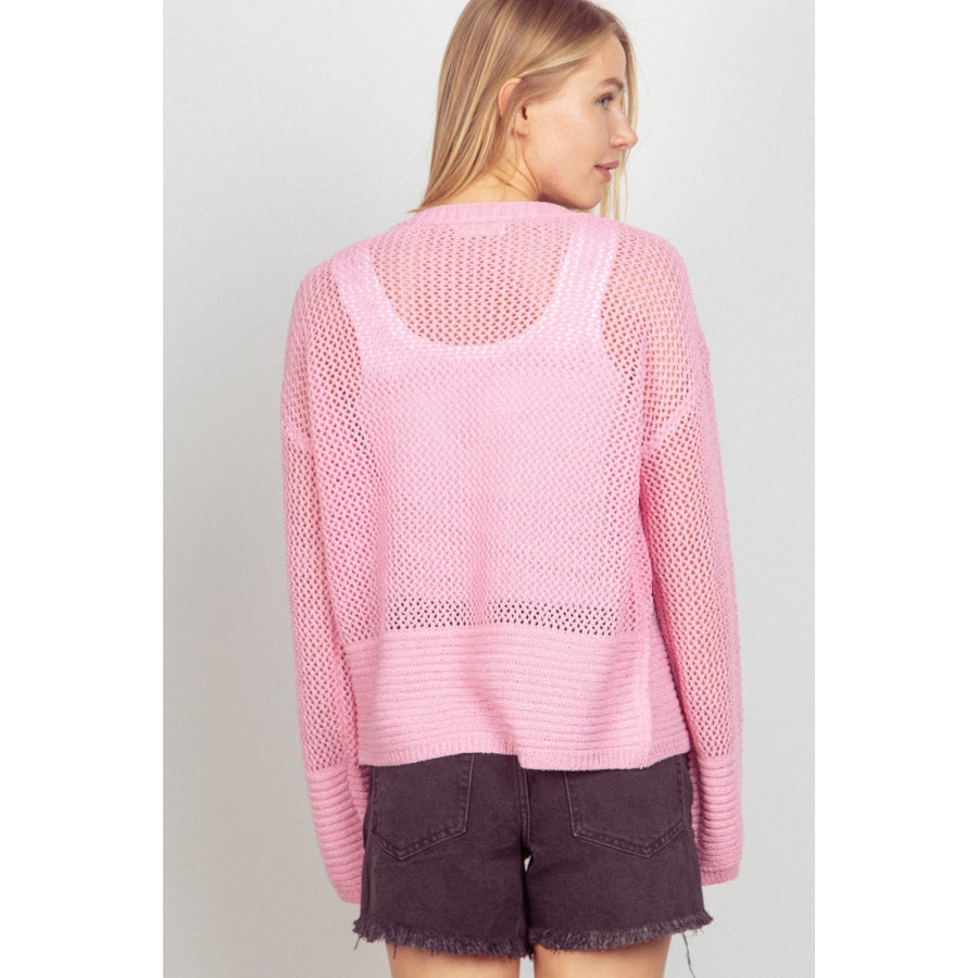 VERY J Eyelet Open Front Long Sleeve Cardigan PINK / S Apparel and Accessories