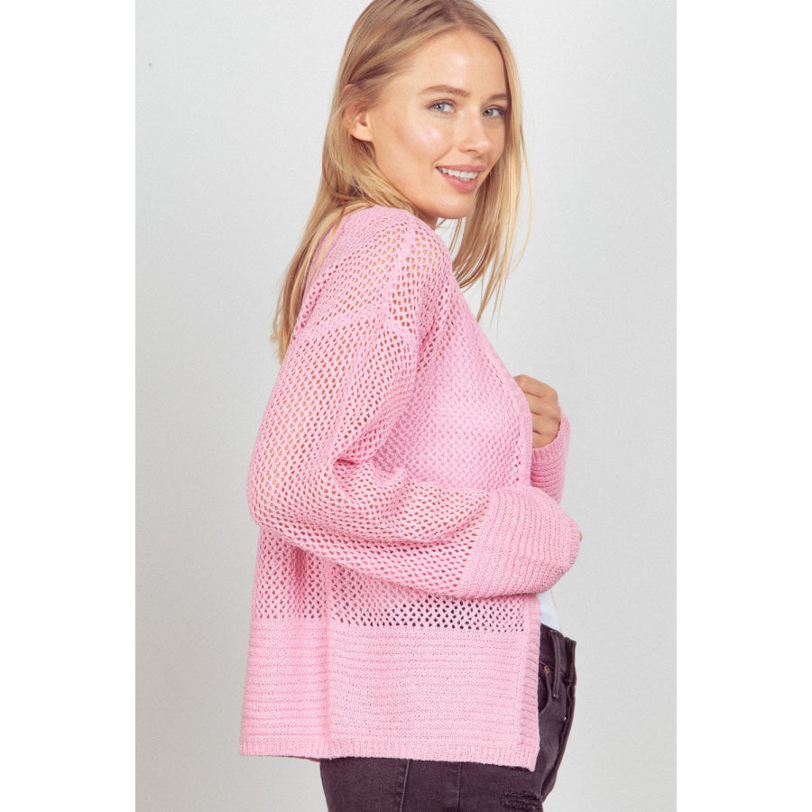 VERY J Eyelet Open Front Long Sleeve Cardigan Apparel and Accessories