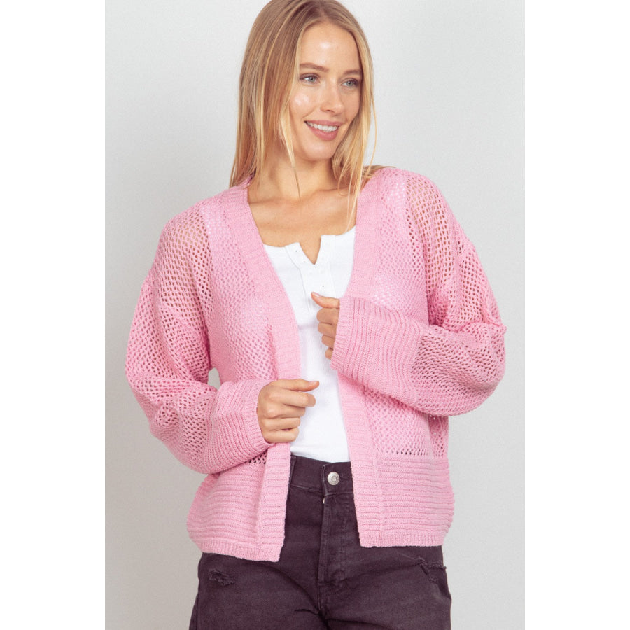 VERY J Eyelet Open Front Long Sleeve Cardigan PINK / S Apparel and Accessories