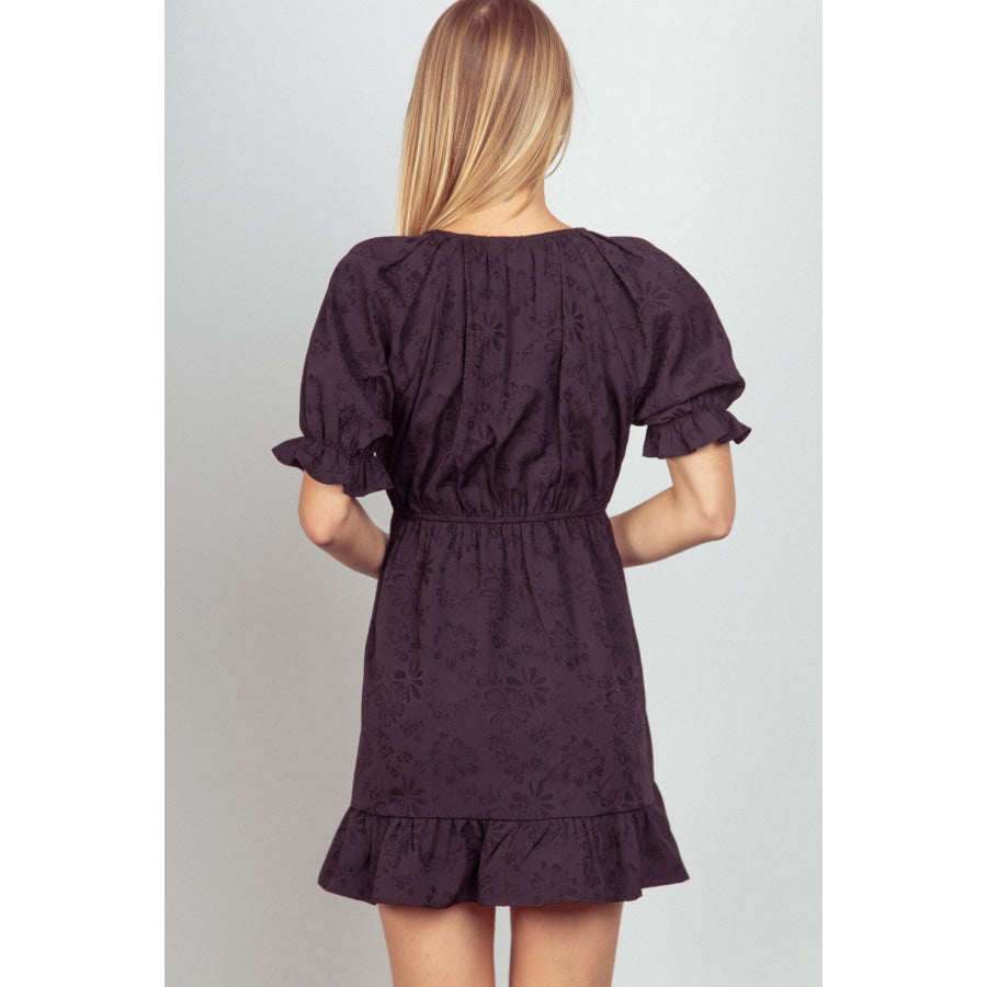 VERY J Floral Textured Woven Ruffled Mini Dress BLACK / S Apparel and Accessories