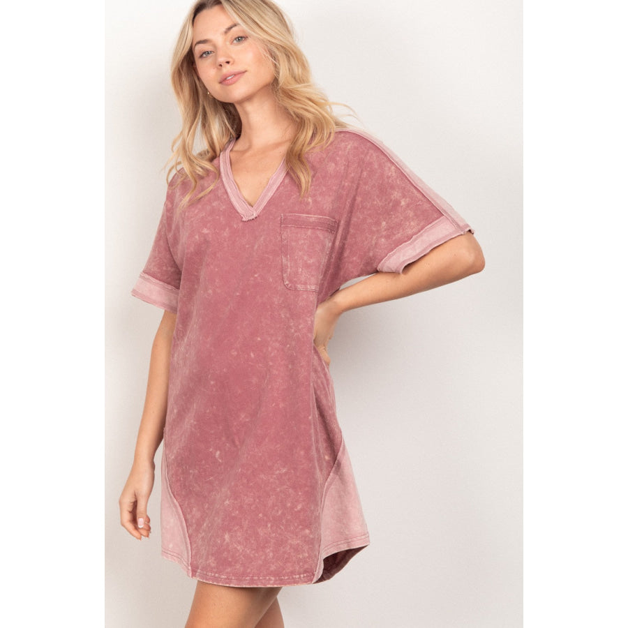 VERY J Short Sleeve V - Neck Tee Dress Apparel and Accessories