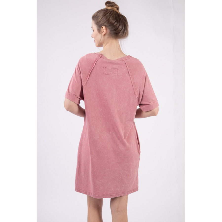 VERY J Washed Round Neck Mini Tee Dress Mauve / S Apparel and Accessories