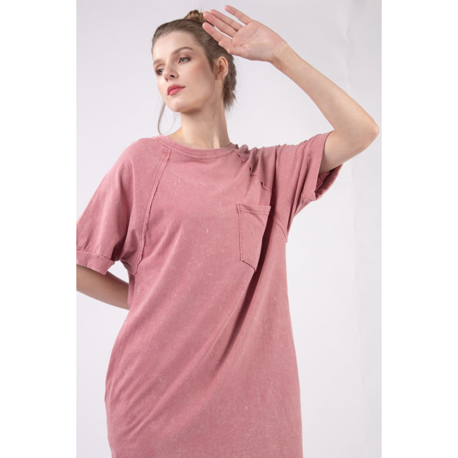 VERY J Washed Round Neck Mini Tee Dress Apparel and Accessories