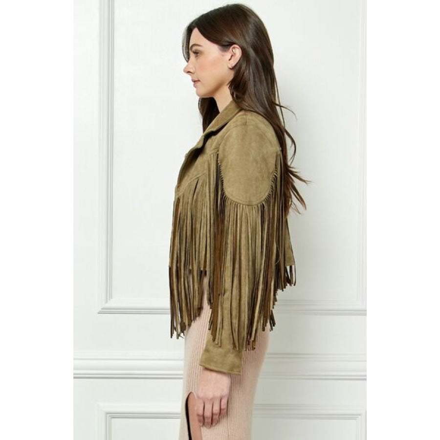 Veveret Suede Fringe Long Sleeve Moto Jacket Apparel and Accessories