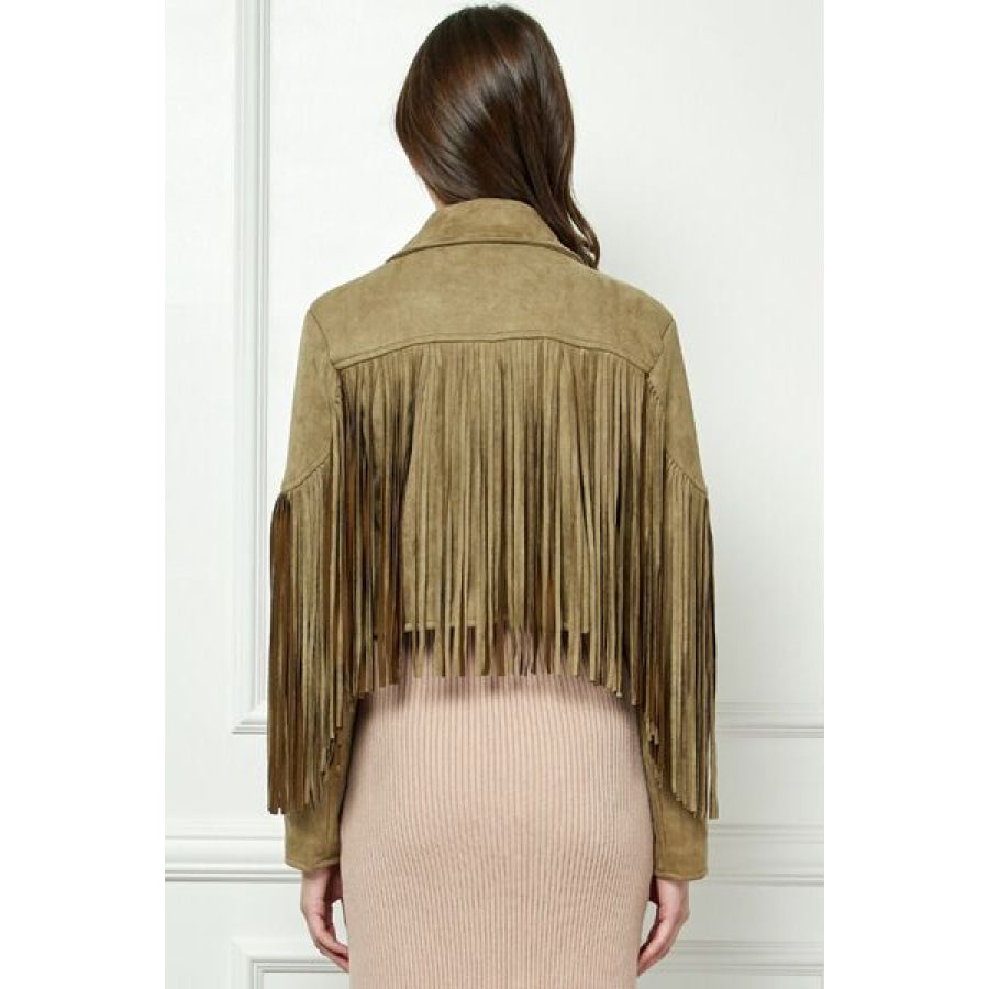 Veveret Suede Fringe Long Sleeve Moto Jacket OLIVE / S Apparel and Accessories