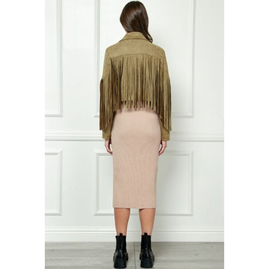 Veveret Suede Fringe Long Sleeve Moto Jacket Apparel and Accessories